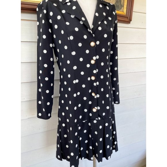 Vintage 1980s Black White Polka Dot Pleated Dress - Picture 8 of 12